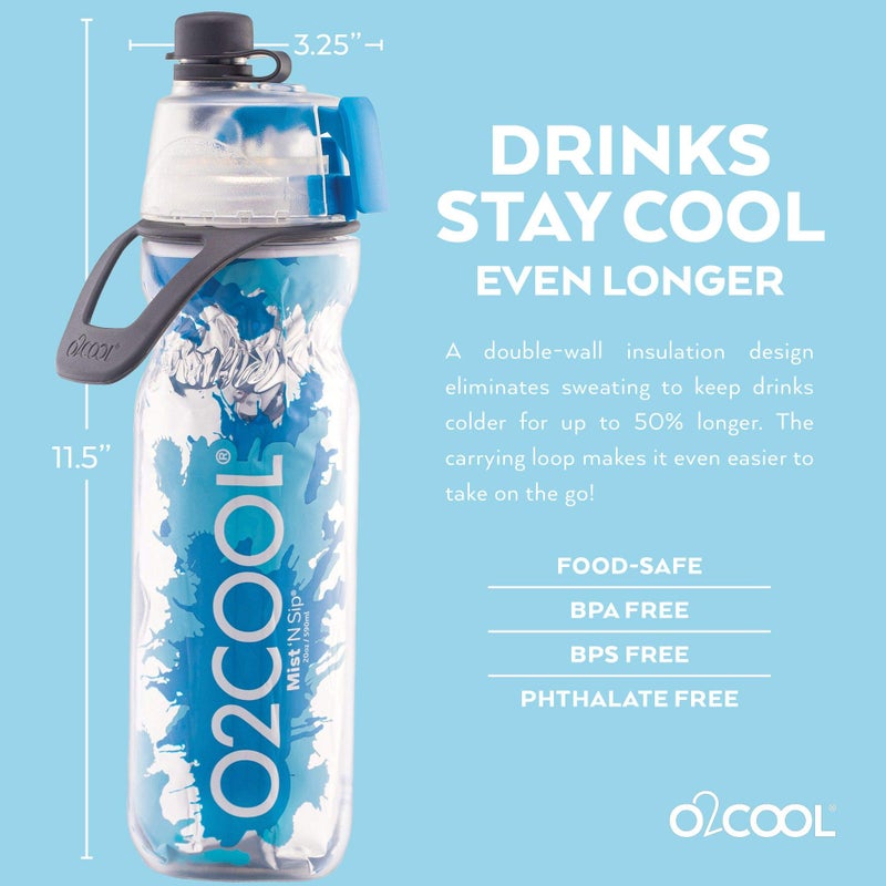 O2COOL Mist 'N Sip Misting Water Bottle 2-in-1 Mist And Sip Function With No Leak Pull Top Spout Reusable Sports Water Bottle - 20 oz (2 Pack Splash Blue) - Image 2